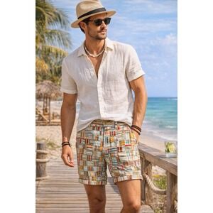 Robert Graham Classic Yates Shorts Men 38 Patchwork Print Linen Cotton Resort